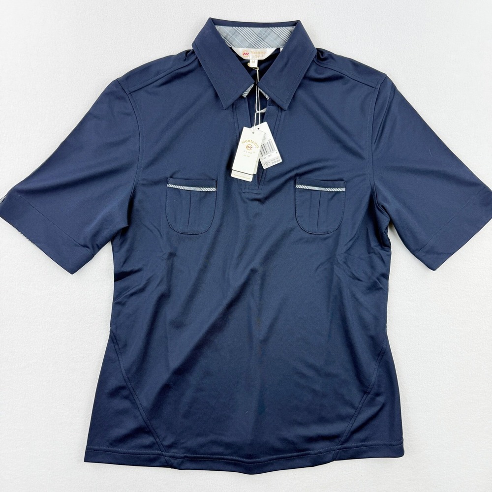 Monterey Club Womens Navy Golf Polo Shirt Plaid Trim Pockets Size M 2130-020 NEW